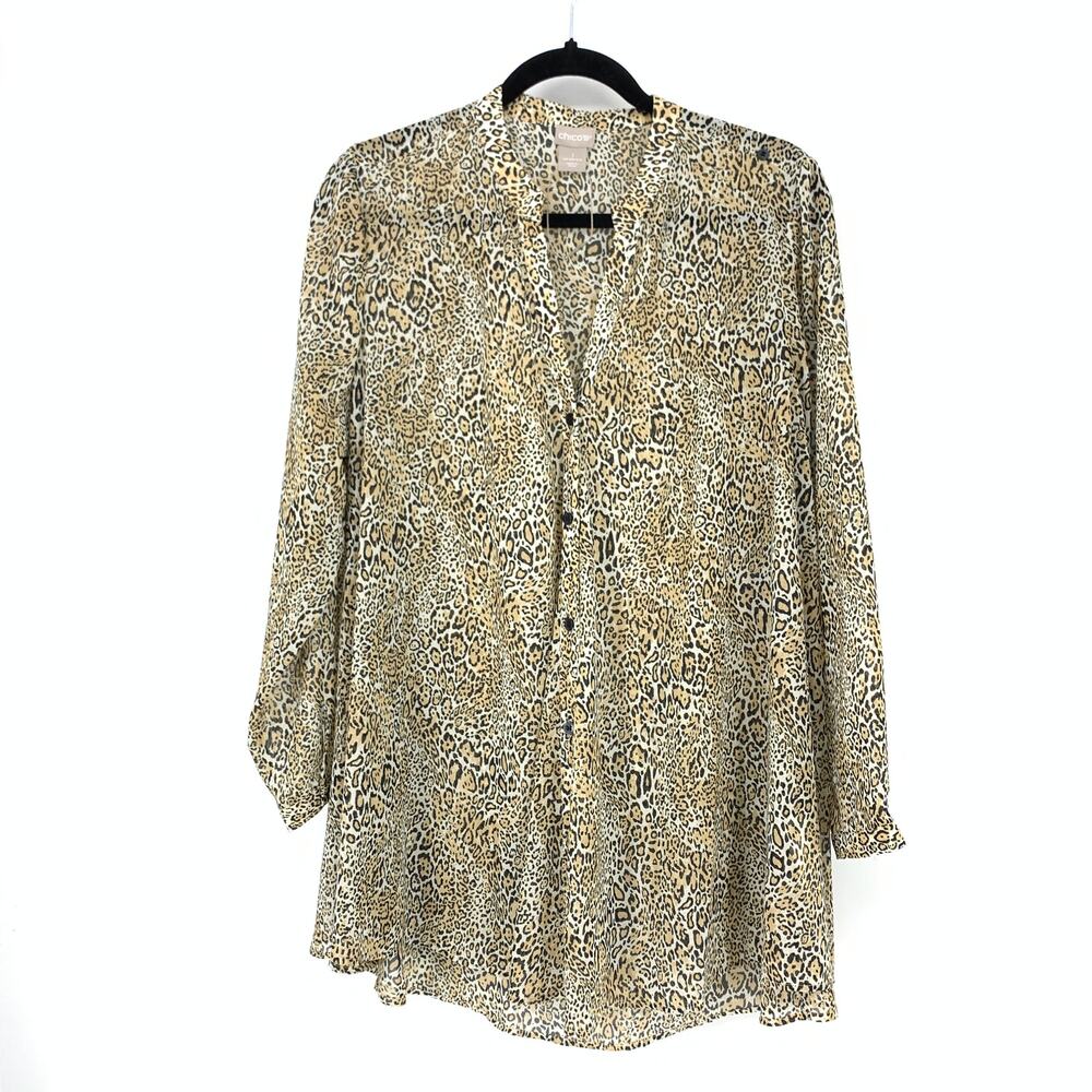 Chico's Womens 1 US Medium Sheer Button Front Leopard Print Shirt Long Sleeve